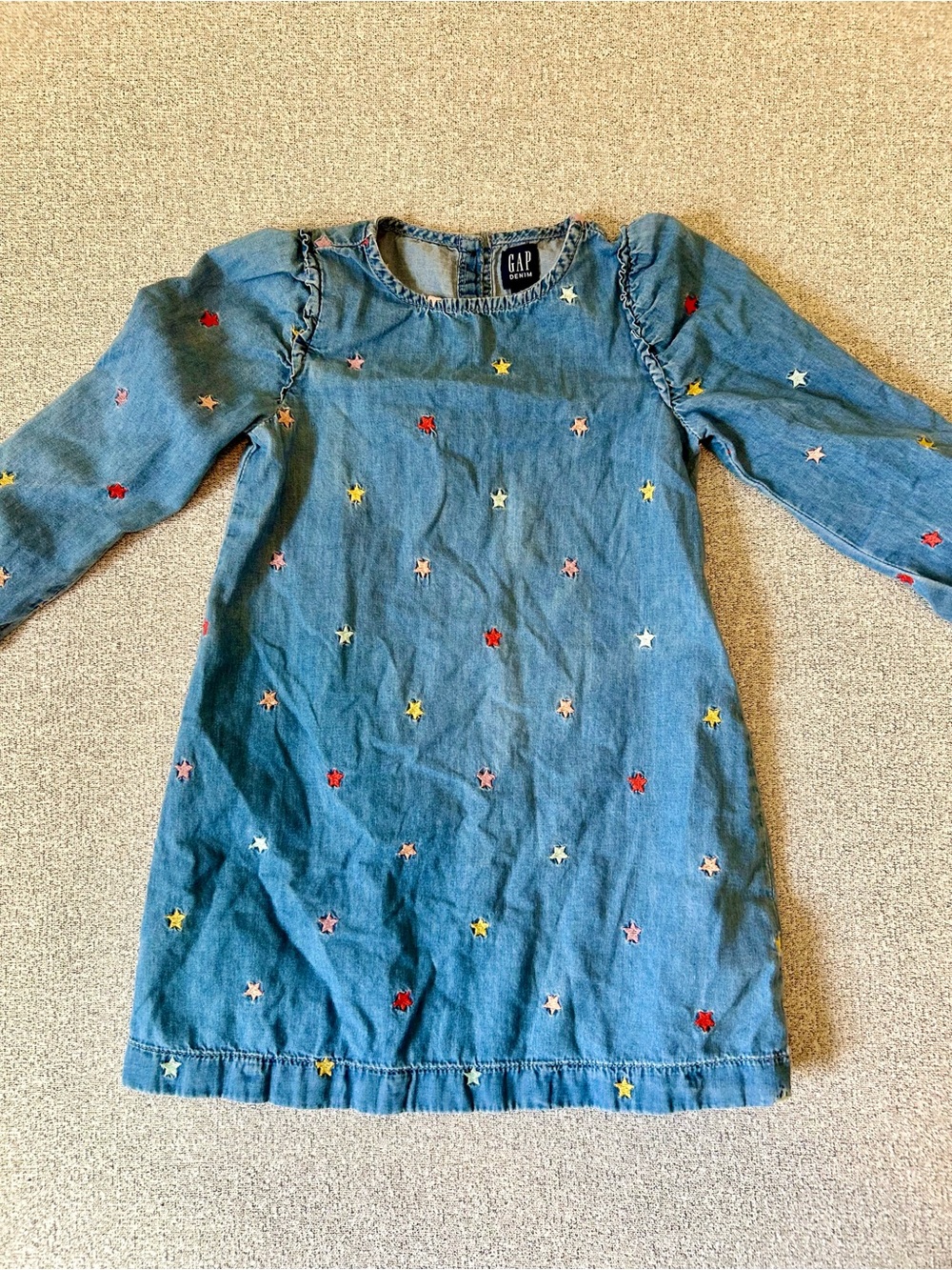 Gap Kids Girls Blue Denim Chambray Embroidered Star Long Sleeve Dress Size 5T